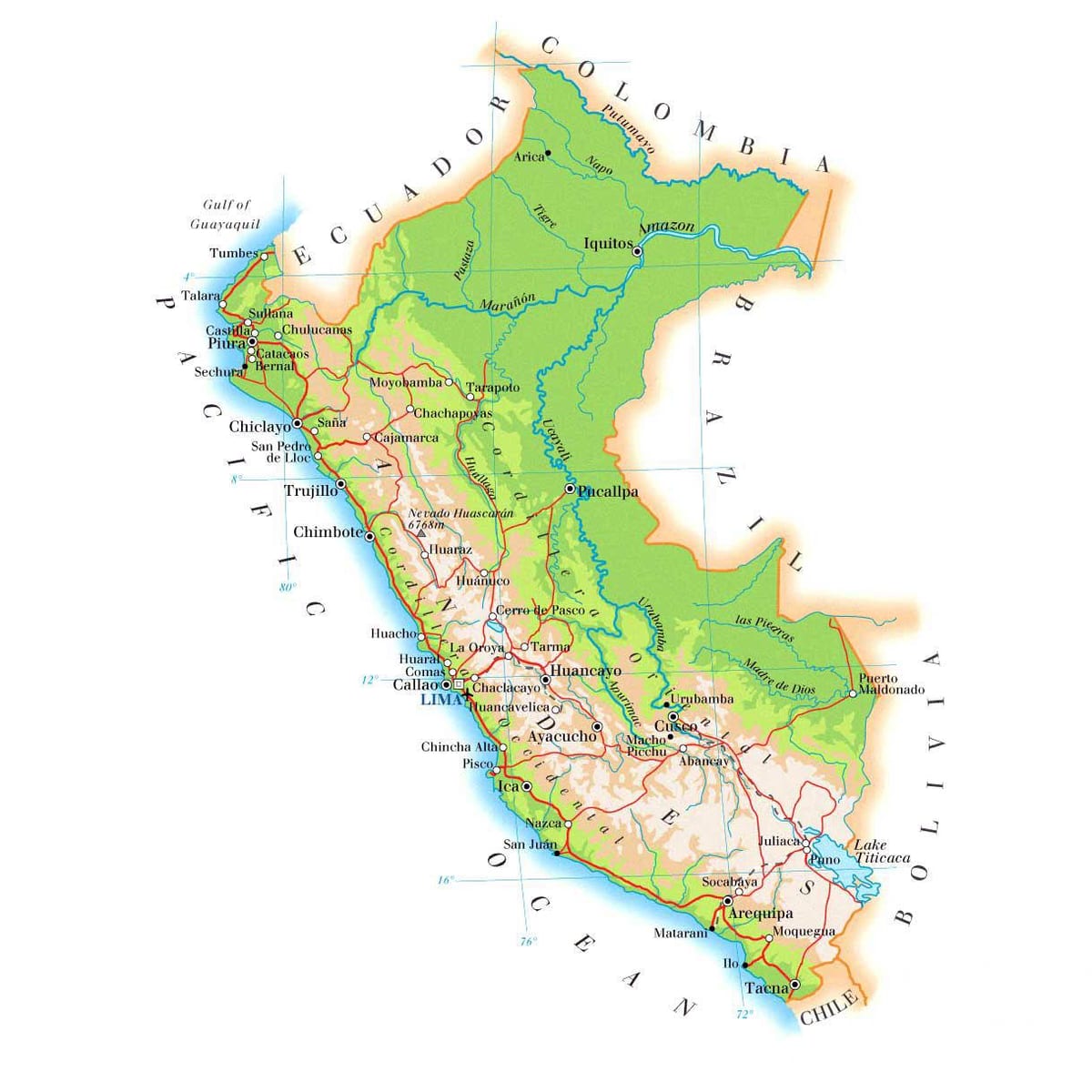 carte de la carte physique du Pérou